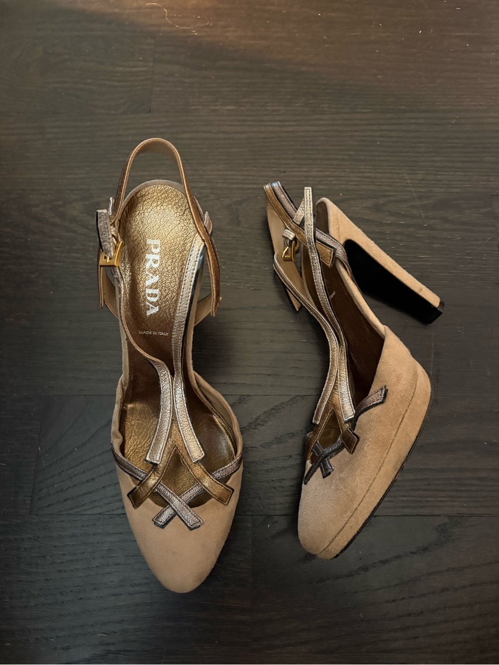Prada Taupe Suede and Metallic Trim Slingback Heels